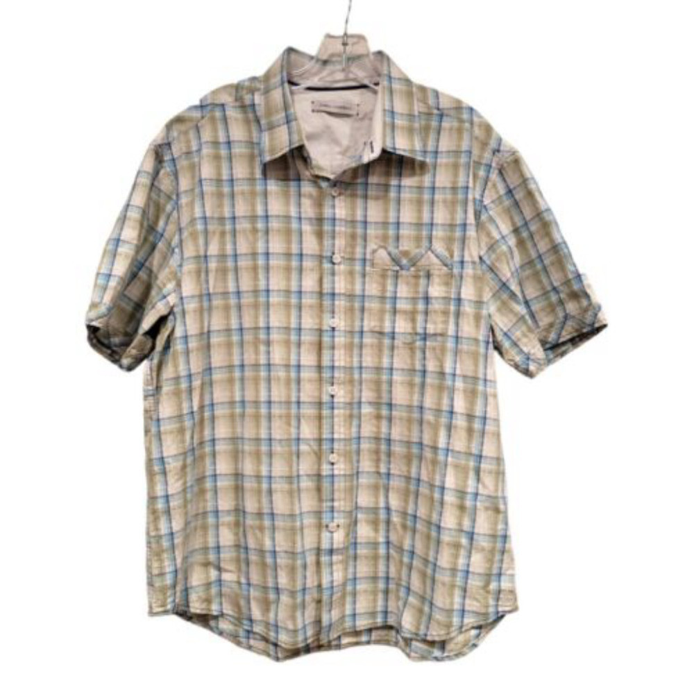James Campbell Men's XL Plaid Cotton Button-Down Short Sleeve Green Blue White